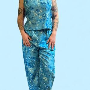 Vintage 80s retro blue floral tank pants 2 piece set women's size 12/ medium